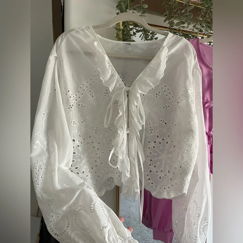 Women’s Lace-Trim Tie-Front Top Bundle - Pink and White - Picture 3 of 4